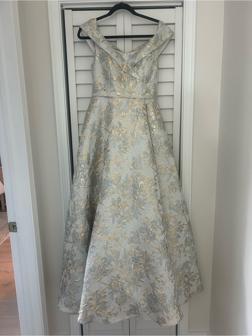 Xscape Light Blue and Gold Metallic Floral Off-Shoulder A-Line Maxi Dress - Picture 2 of 5